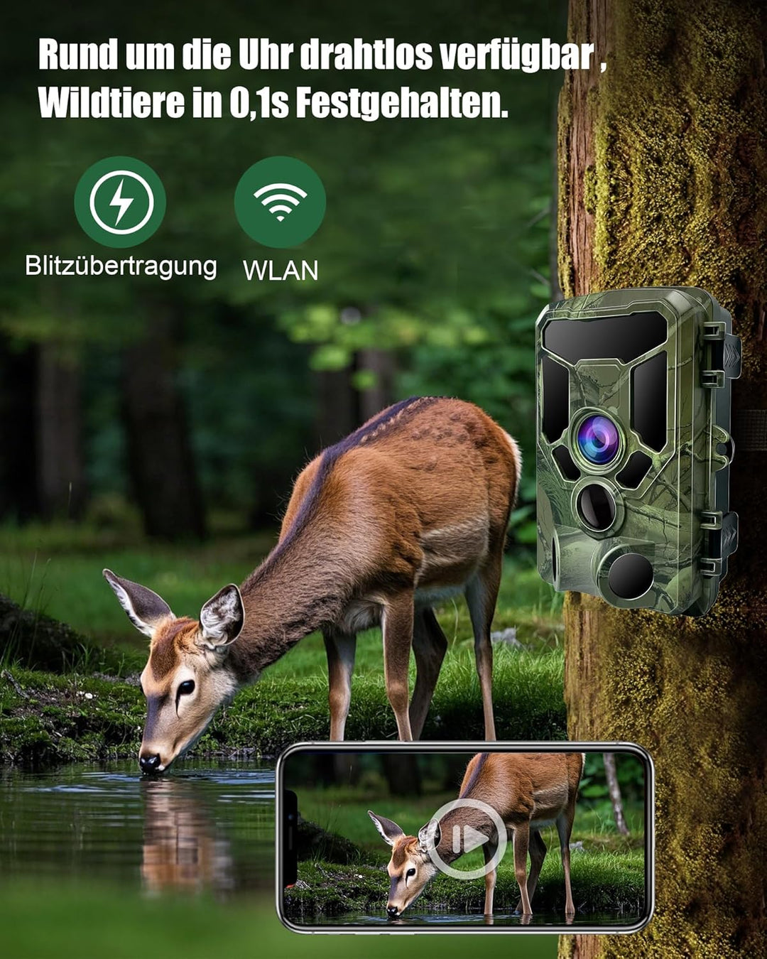 4K WLAN Wildkamera mit App 64MP HD Wildtierkamera mit 940nm Nachtsicht Bewegungsmelder WiFi Jagdkame