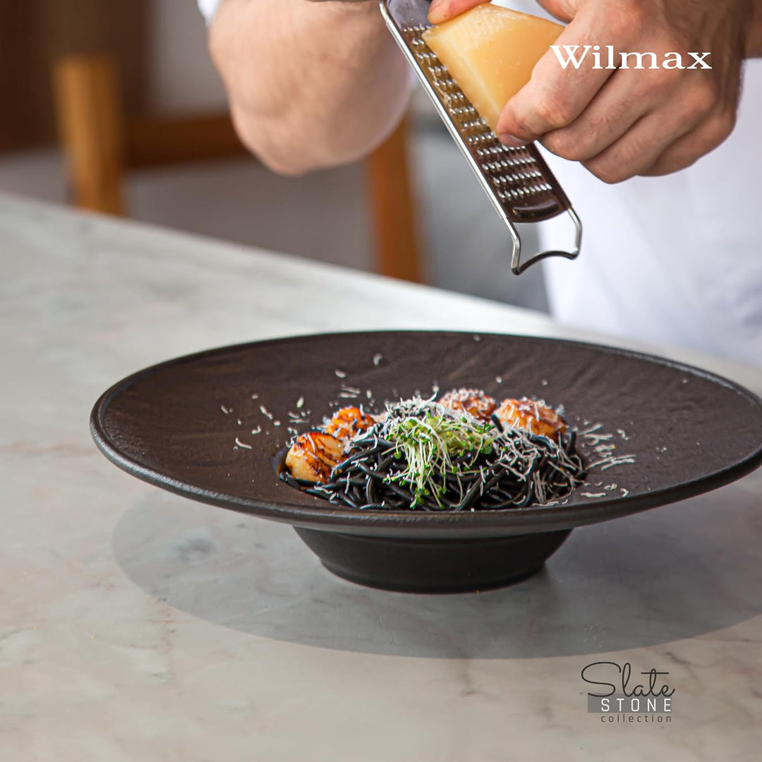 Wilmax | Tiefe Schalen - 2 Stück 27 cm / 250 ml | Schwarze Pastateller | Natursteintextur | Für Past
