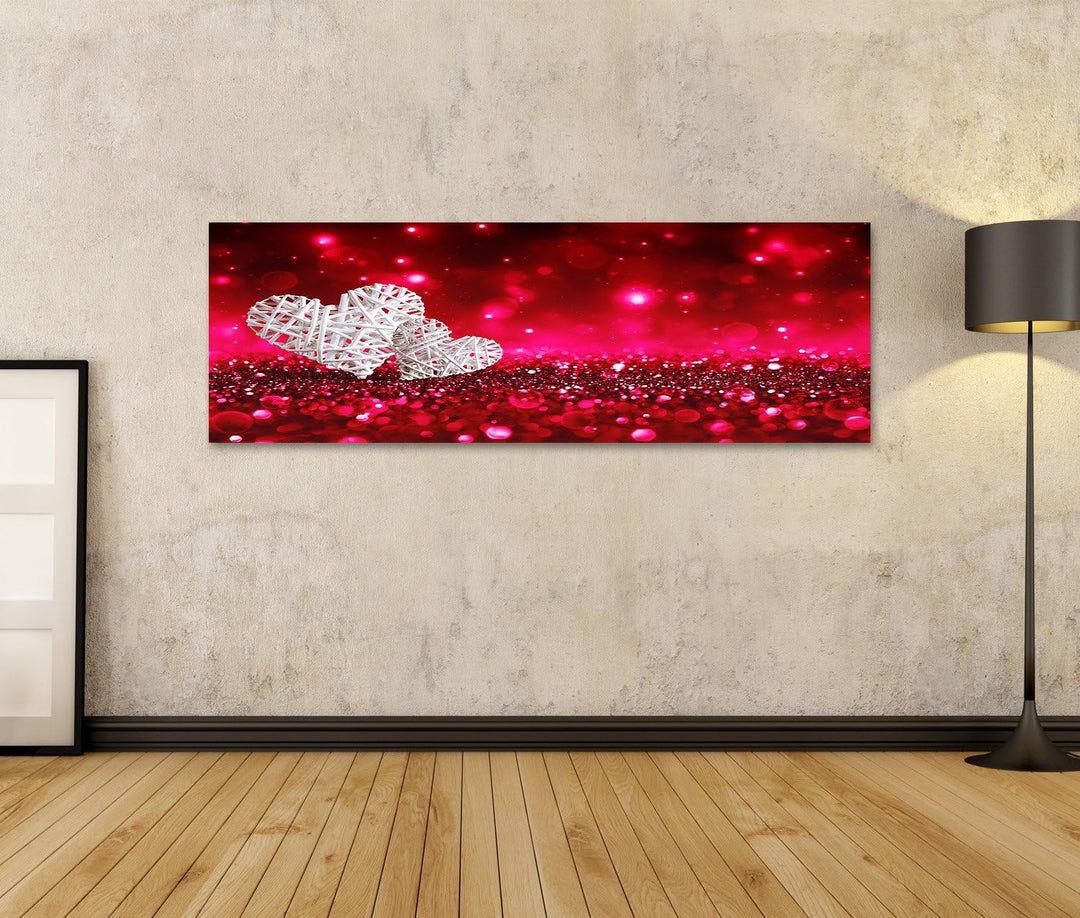 islandburner, Bild auf Leinwand Zwei Weidenherzen auf rotem, funkelndem Glitzer Wandbild Poster Lein
