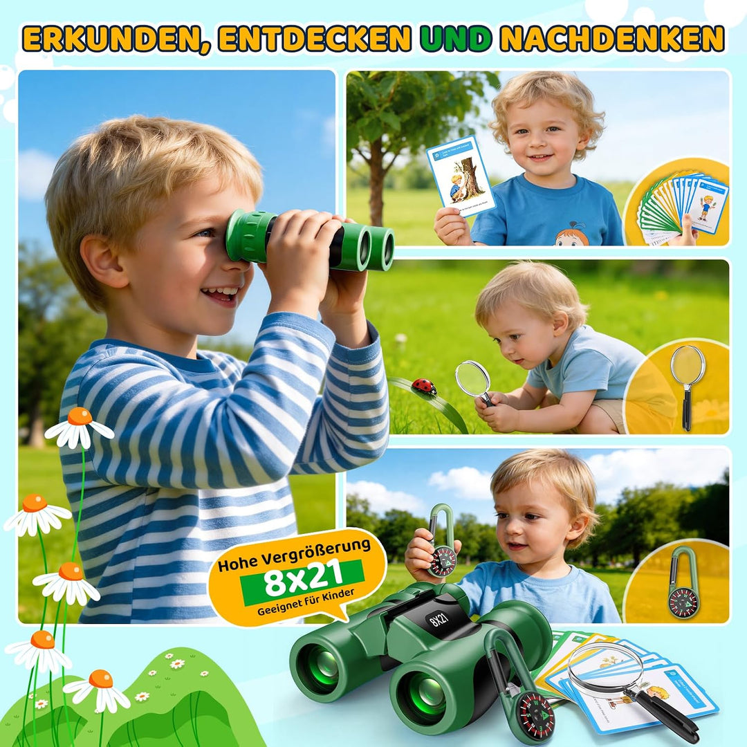 GeschenPark Fernglas Abenteuer Set mit Entdeckungskarten – Kompass – Lupe, Grün 8X-Grün, 8X-Grün
