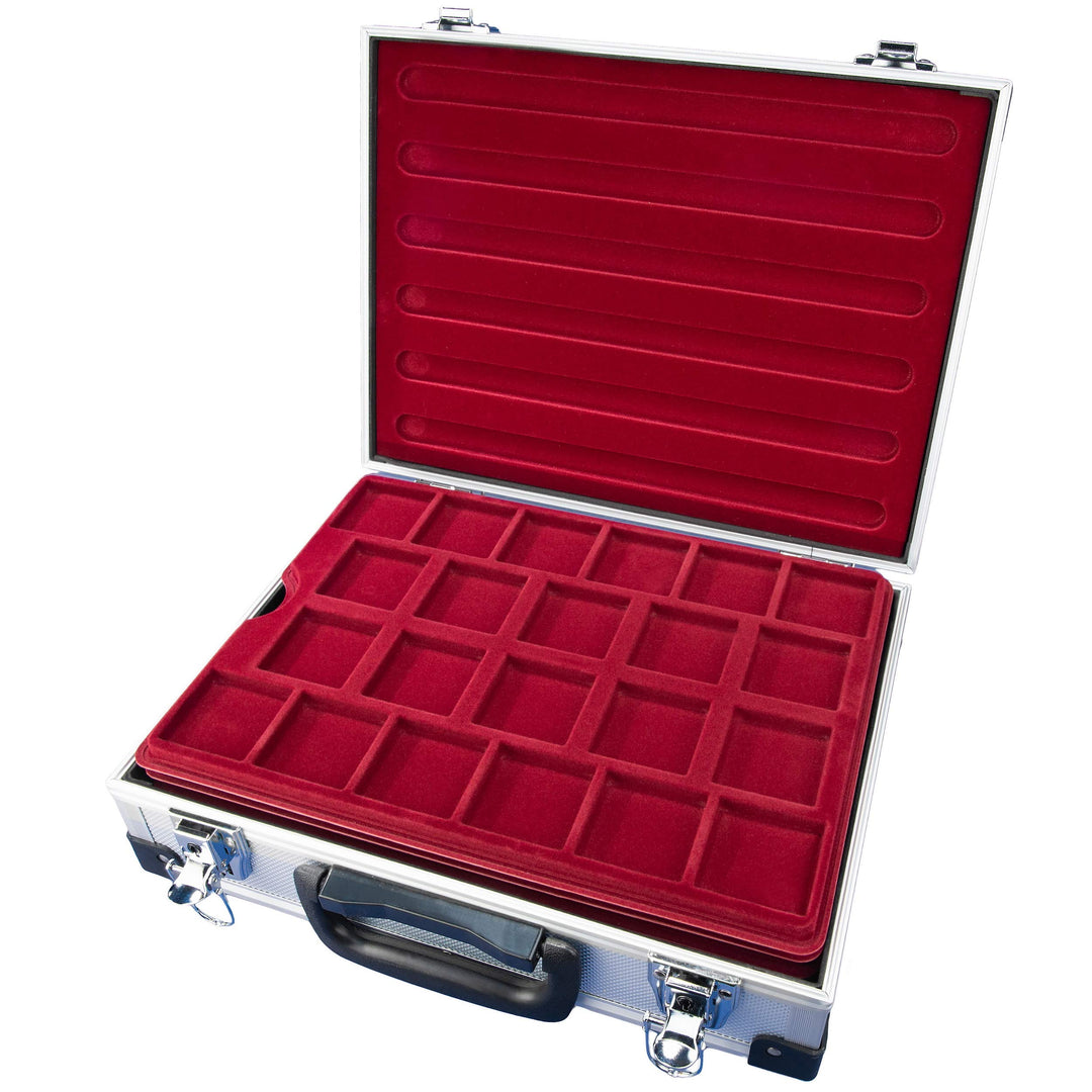 MC.Sammler Alu Münzenkoffer Münzkoffer inkl 5 Münztableaus für 110 Münzen 46x46mm (110 Fächer - 46x4