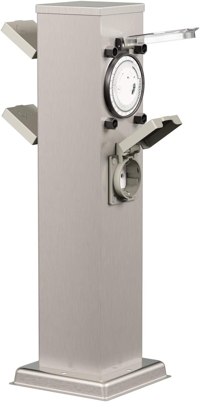 ledscom.de Garten-Steckdosen-Säule Polly mit Erdspiess und 2m Kabel für aussen, 3-Fach mit Timer/Zei