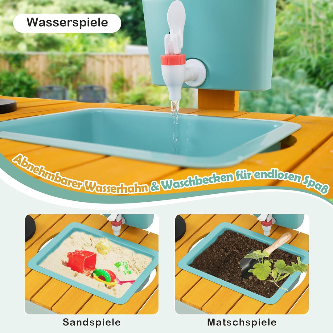 DREAMADE Matschküche Kinder Outdoor, Kinderküche Tannenholz mit Pflanzkasten & Rankgitter, Spielküch