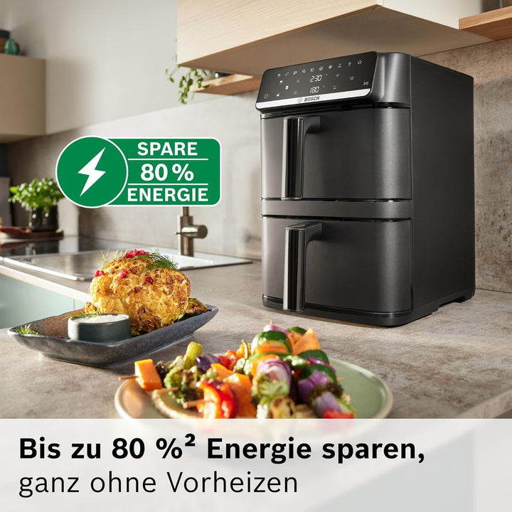 Bosch Serie 6 XXL Heissluftfritteuse, 12 L Doppelkammer, platzsparend, 6 Programme, PFAS frei, schwa
