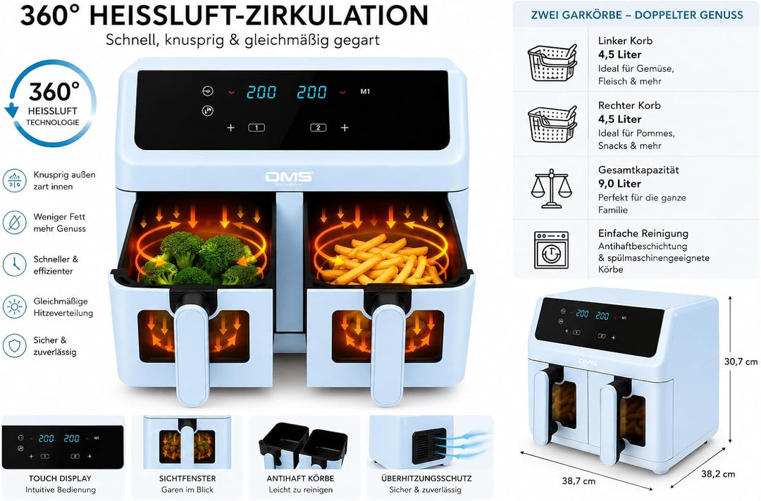 DMS® Doppelkamme Heissluftfritteuse 9L 2000W Air Fryer, 8 Programme 65–200°C | Extra grosses Fassung