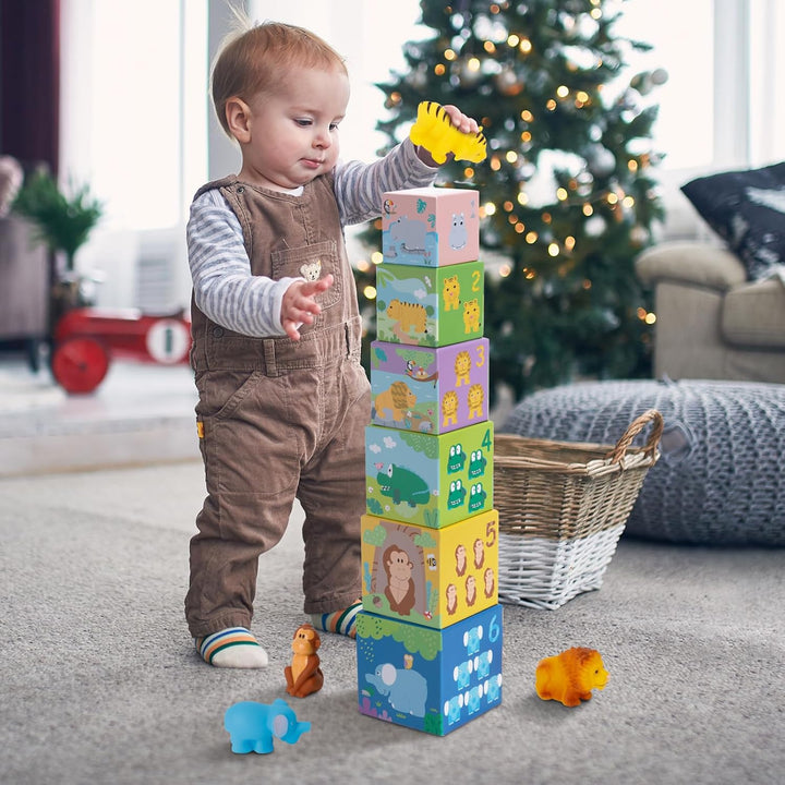 KMTJT Baby Stapelturm und Stapelwürfel ab 1 Jahr, Tier Montessori Spielzeug ab 1 2 3 Jahr, Geschenk