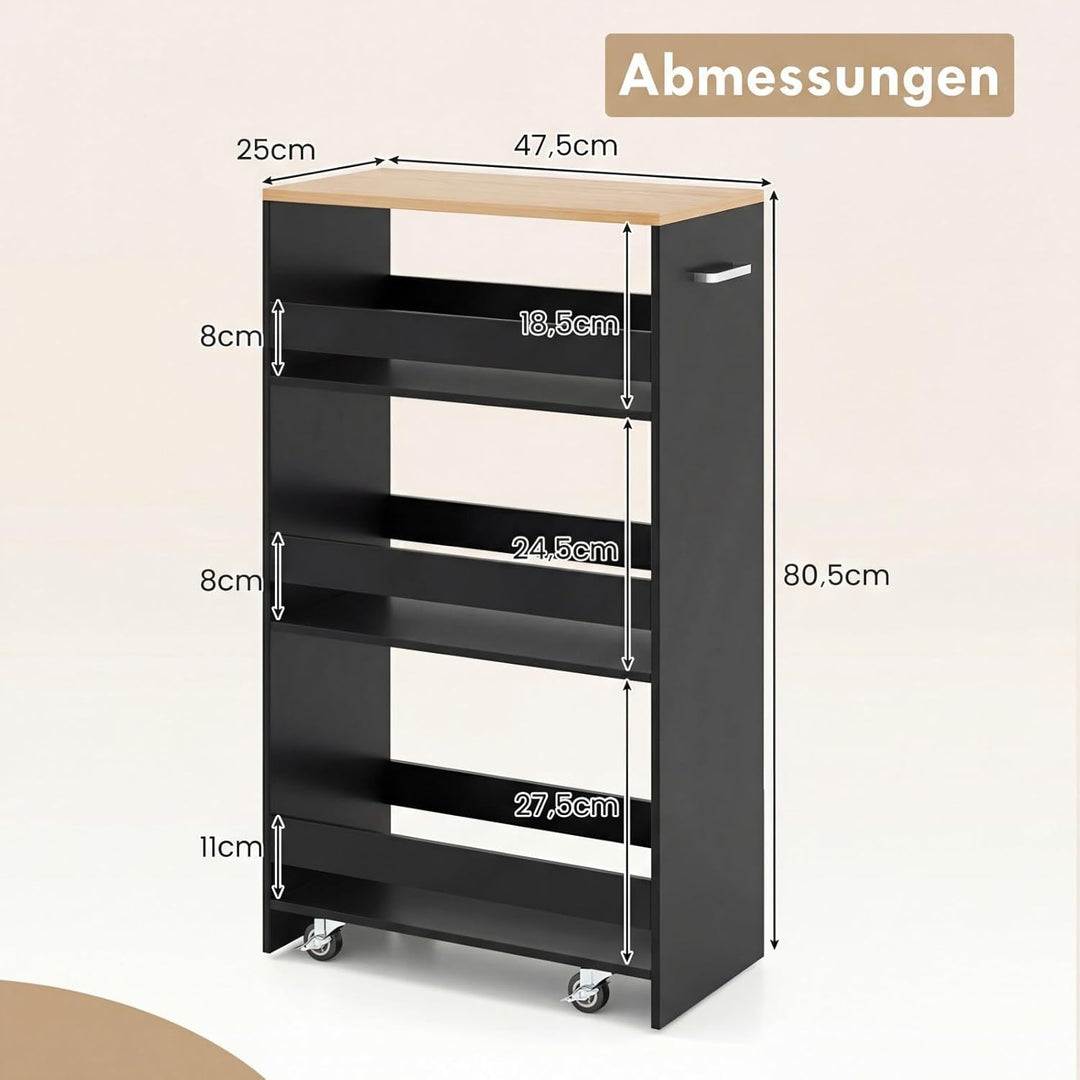 COSTWAY Nischenwagen 25cm breit, 4 Etagen Küchenwagen schmal, Nischenregal auf Rollen, Servierwagen