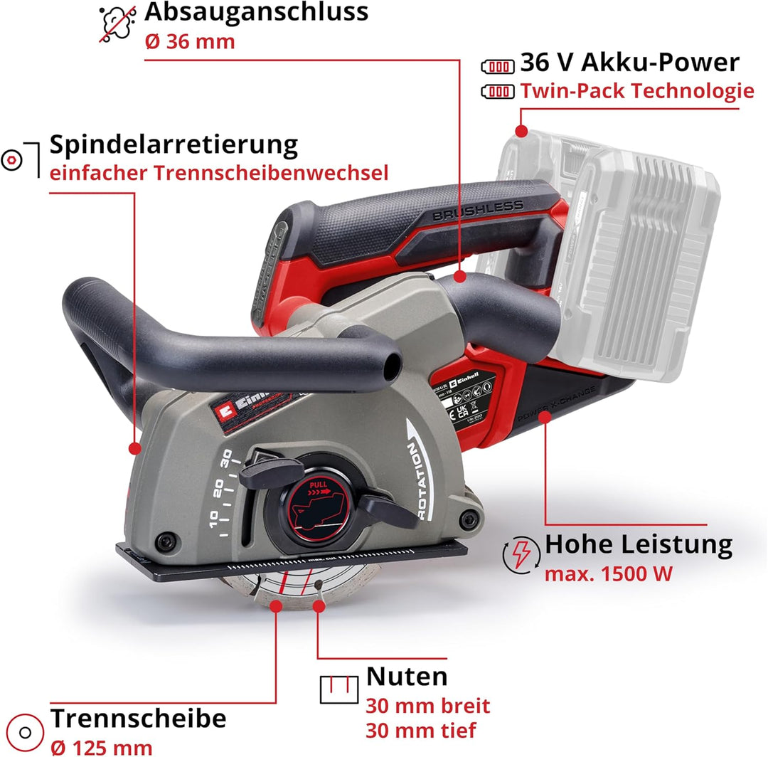 Einhell Professional Akku-Mauernutfräse TP-MA 36/30 Li BL - Solo Power X-Change (36 V, Schnittbreite