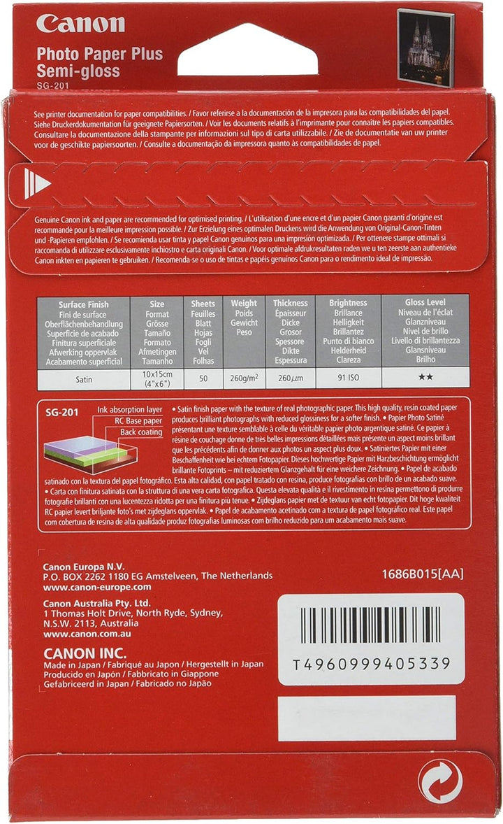 Canon SG-201 Fotopapier Plus Seidenglanz, matt (260 g/qm), 4x6, 50 Blatt 50 Blatt 10 x 15 cm 10 x 15