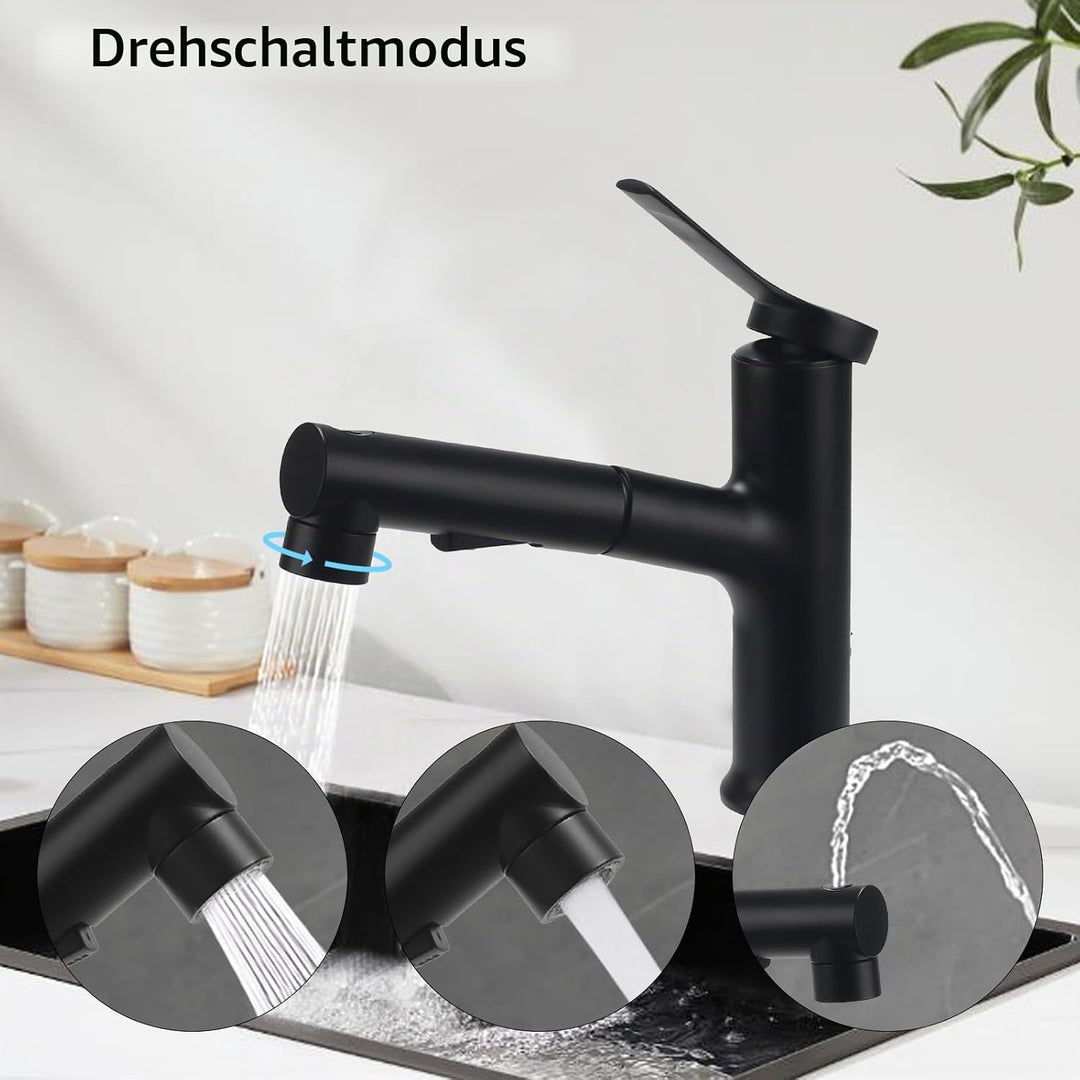 Wasserhahn Ausziehbar Wasserhahn Bad Schwarz mit 3 Wasserstrahlarten Brause Kalt und Warm Einhebelmi