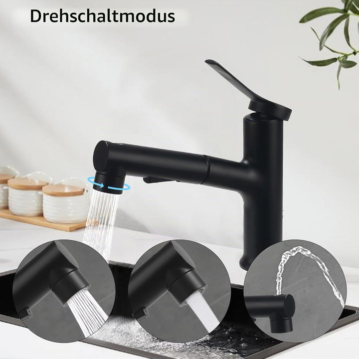Wasserhahn Ausziehbar Wasserhahn Bad Schwarz mit 3 Wasserstrahlarten Brause Kalt und Warm Einhebelmi