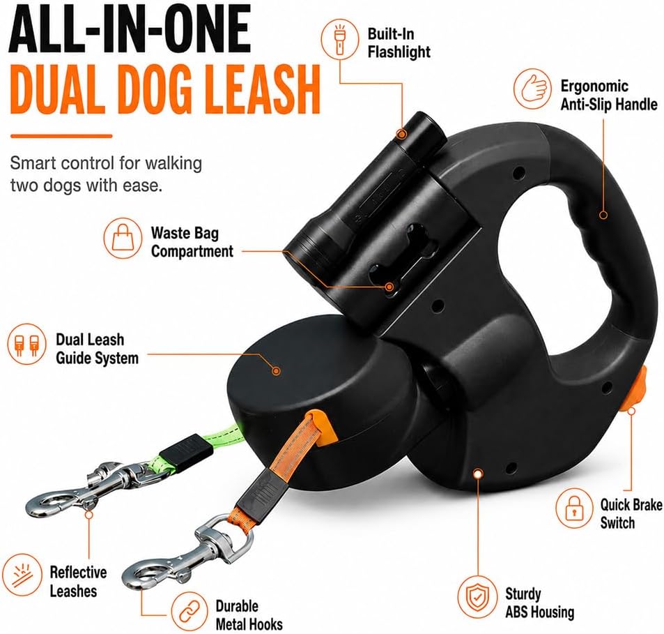 Doppelte Einziehbare Hundeleine, 3M Flexible Einziehbare Hundeleine Doppelleine fur Zwei Hunde mit L