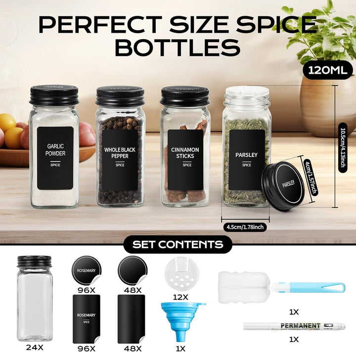 Gewürzgläser Eckig mit Aluminiumdeckeln(24 x 120ml) + 288 Etiketten | Gewürzdosen Set Glas mit Streu