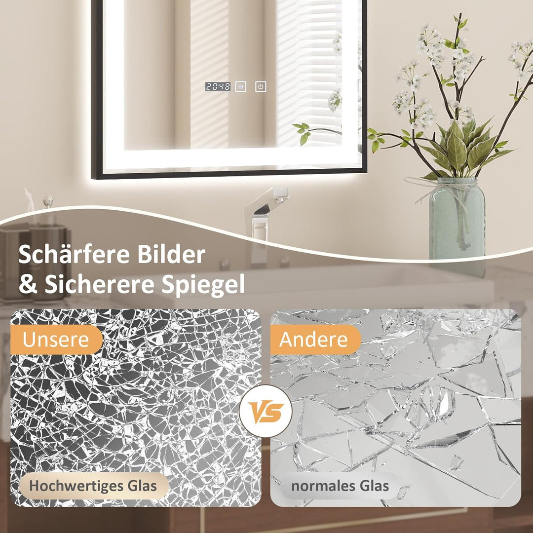 YOURLITE Badspiegel mit Beleuchtung 50x70cm,Badezimmerspiegel mit Beleuchtung und Uhr, 3 Lichtfarben
