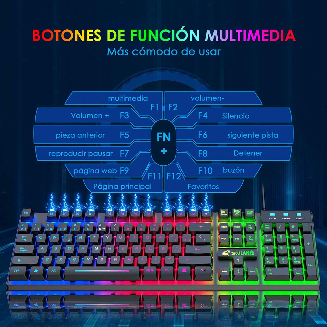 ZIYOU LANG T13 Gaming-Tastatur und Maus-Set [Spanisches QWERTY-Layout], 104 Tasten mit Rainbow LED B