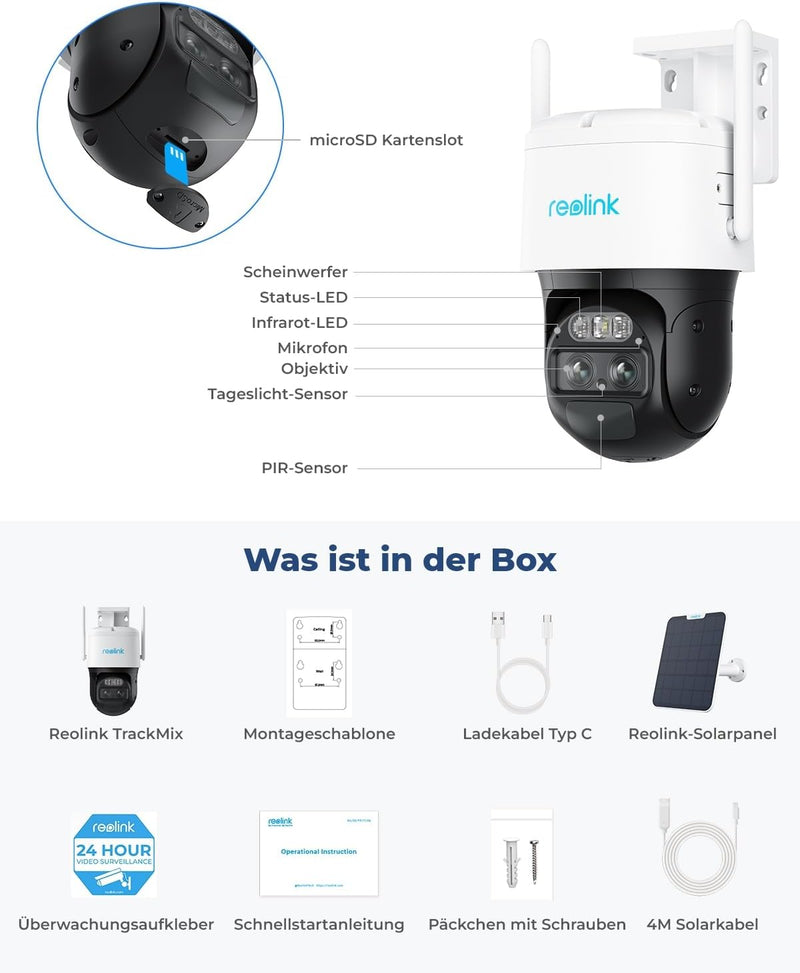 Reolink PTZ Überwachungskamera Aussen Akku mit Auto-Tracking & Auto-Zoom, Dual Lens, 4MP Solar WLAN