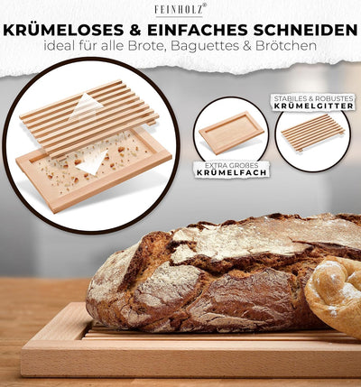 FEINHOLZ Brotschneidebrett mit Krümelrost aus Holz • 40cm x 25cm • Buchenholz geölt • Schneidebrett
