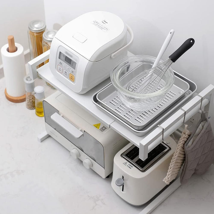 Teleskop-Küchenorganizer aus Edelstahl, Küchenregal mit 3 Haken, Verstellbereich 40-65cm (Weiss), We