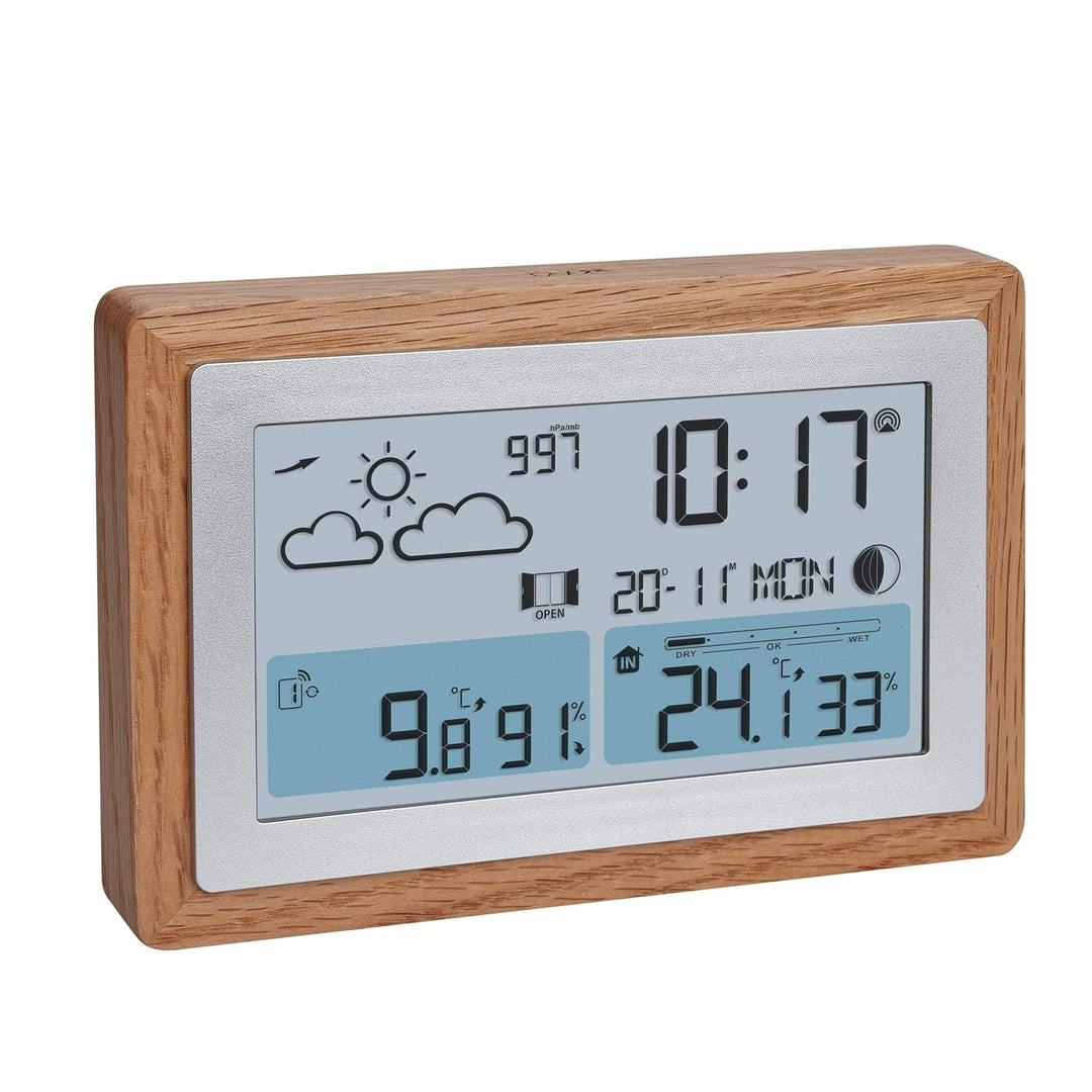 TFA Dostmann Funk-Wetterstation mit Aussensensor OAK, 35.1167.54, Wettervorhersage, mit Holz-Rahmen,