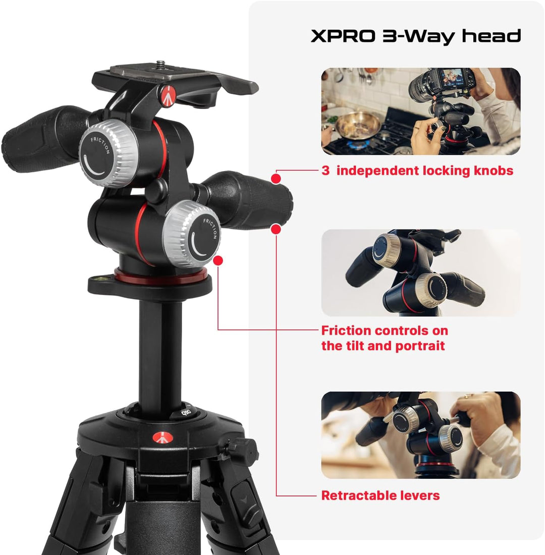 Manfrotto ONE Photo, Aluminium‑Stativ‑Kit mit XPRO 3‑Wege‑Kopf, 12 kg Tragkraft, 90° Horizontalsäule