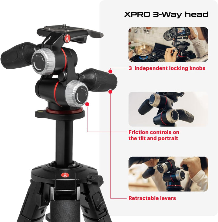 Manfrotto ONE Photo, Aluminium‑Stativ‑Kit mit XPRO 3‑Wege‑Kopf, 12 kg Tragkraft, 90° Horizontalsäule