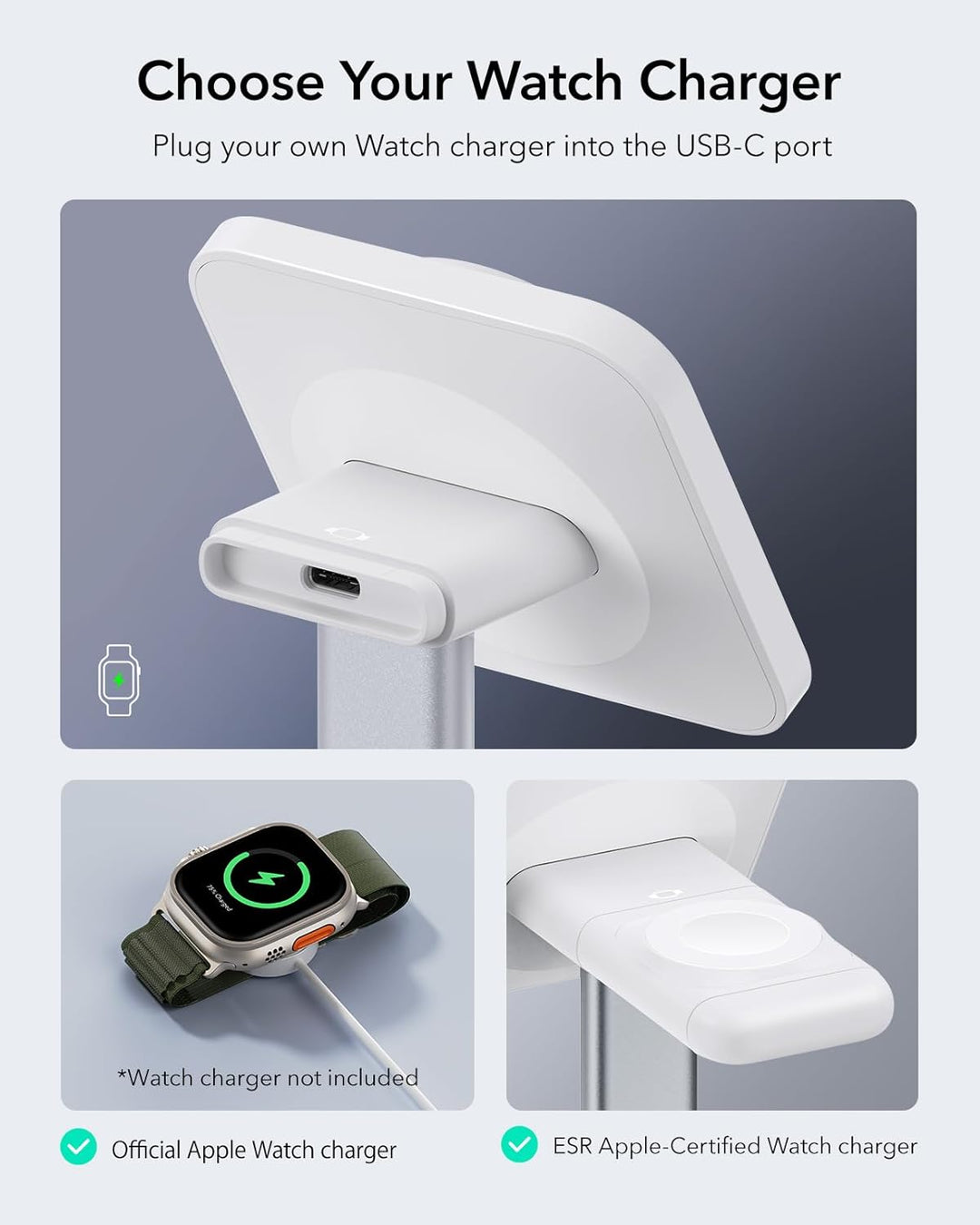 ESR 2 in 1 Ladestation Apple Watch und iPhone, Magsafe Ladestation für iPhone 17/16/15/14/13/12, App