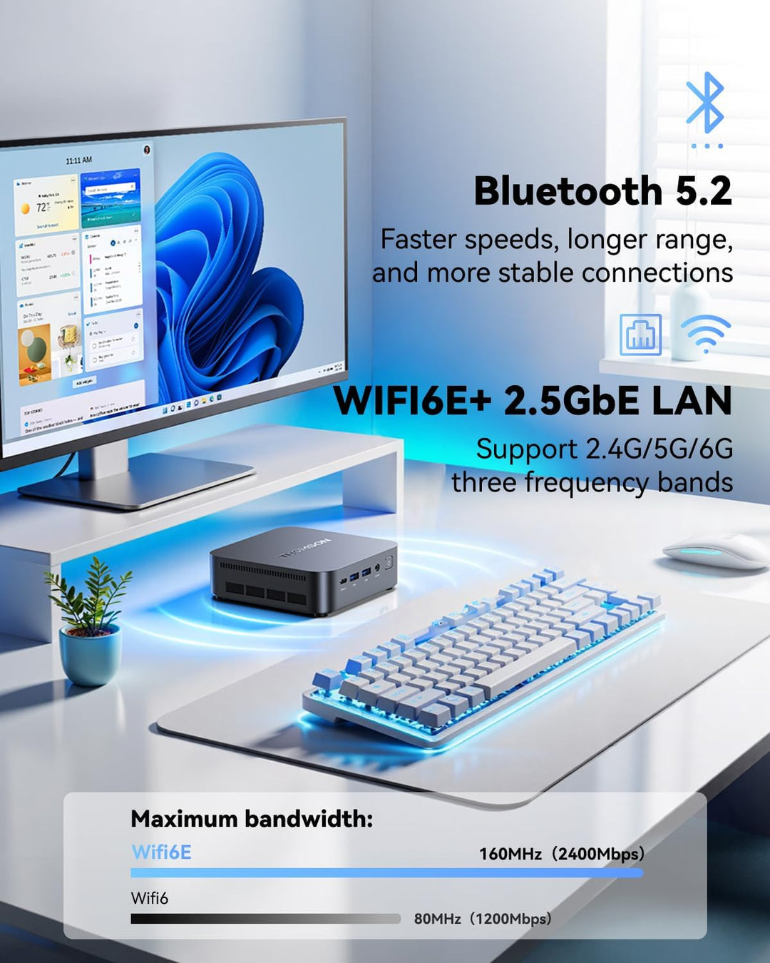 THOMSON W3 AI Mini PC, АMD Ryzen 7 260 (8C/16T, bis zu 5,1 GHz), 32 GB DDR5 5600 MHz 1 TB M.2 NVMe P
