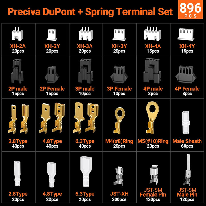Preciva Crimpzange Stecker Set, 896 Stück Crimpbereich 0,08/0,25/0,5/1,0/1,5mm²,für DuPont, JST (XH/
