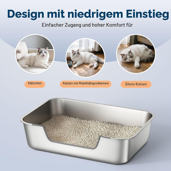 Katzenklo Edelstahl mit Niedrigem Rand, Katzentoilette Metall für Altere Oder Verletzte Katzen, Gros