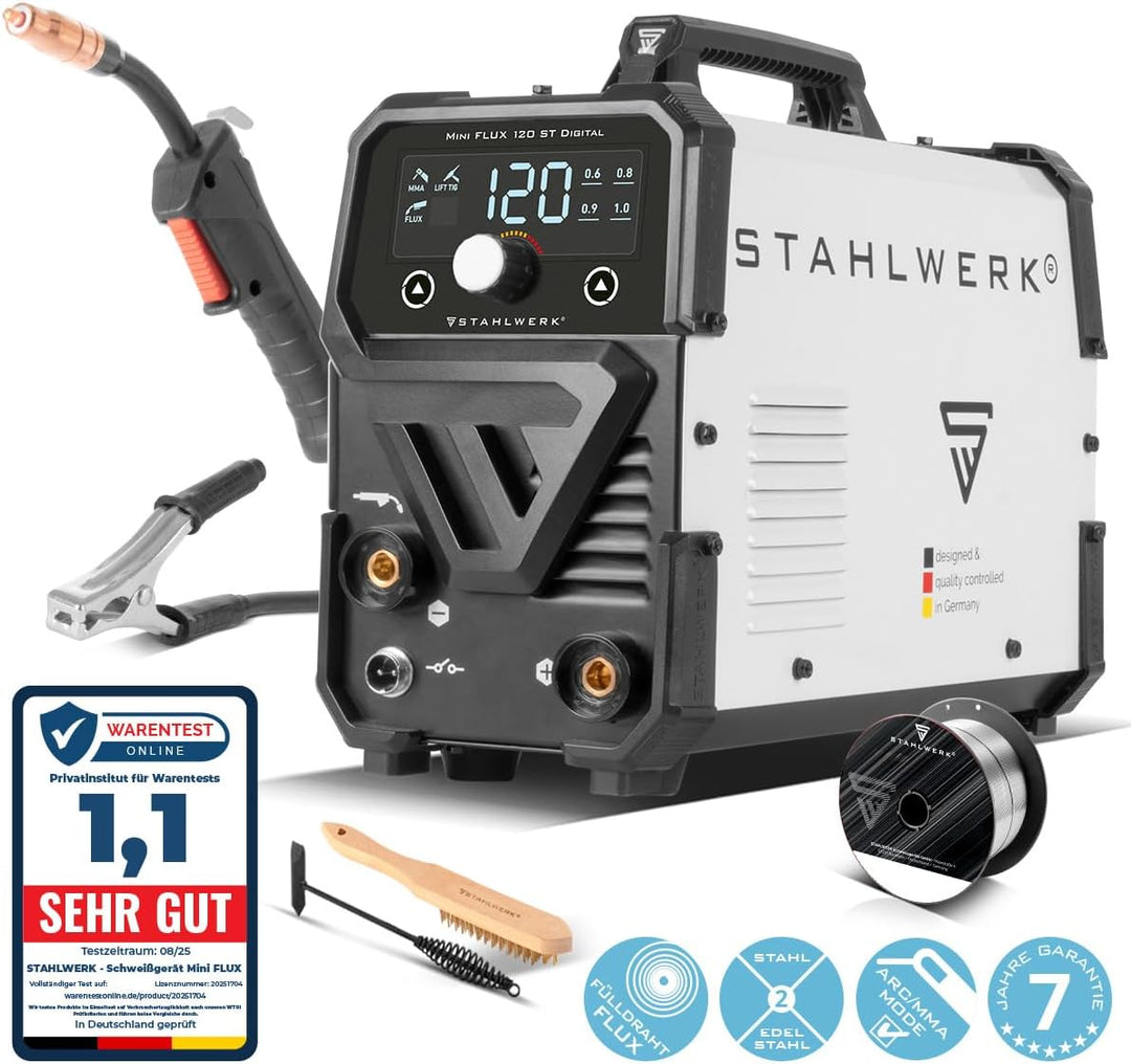 STAHLWERK Mini FLUX 120 ST Fülldraht Schweissgerät mit synergischem Drahtvorschub für 0,6 | 0,8 | 0,