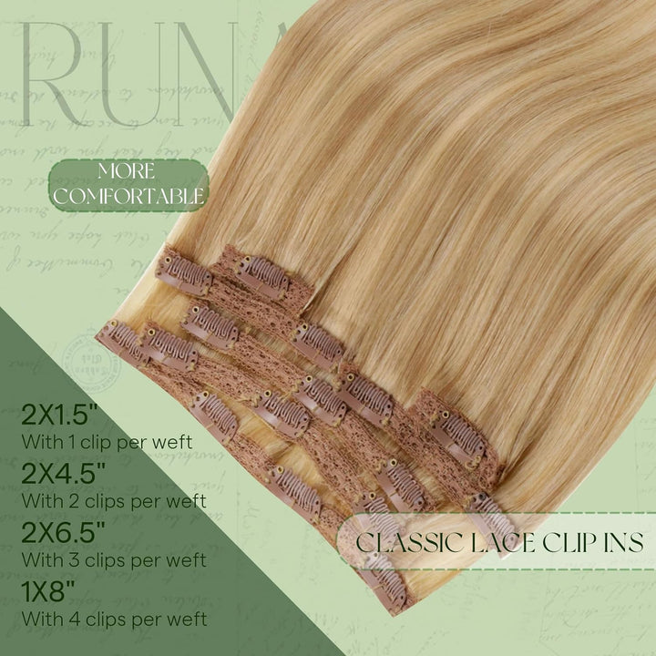 RUNATURE Clip Echthaar Extensions Gold Blond mit Hellblond Clip in Haarverlängerung Remy Echthaar Cl