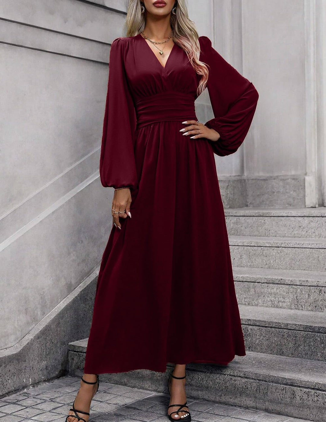 Damen Kleid 2.0 Elegant Langarm V-Ausschnit Tunika Maxikleider Casual Hohe Taille Saumschlitz Cockta