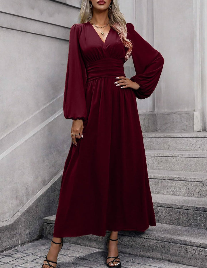 Damen Kleid 2.0 Elegant Langarm V-Ausschnit Tunika Maxikleider Casual Hohe Taille Saumschlitz Cockta