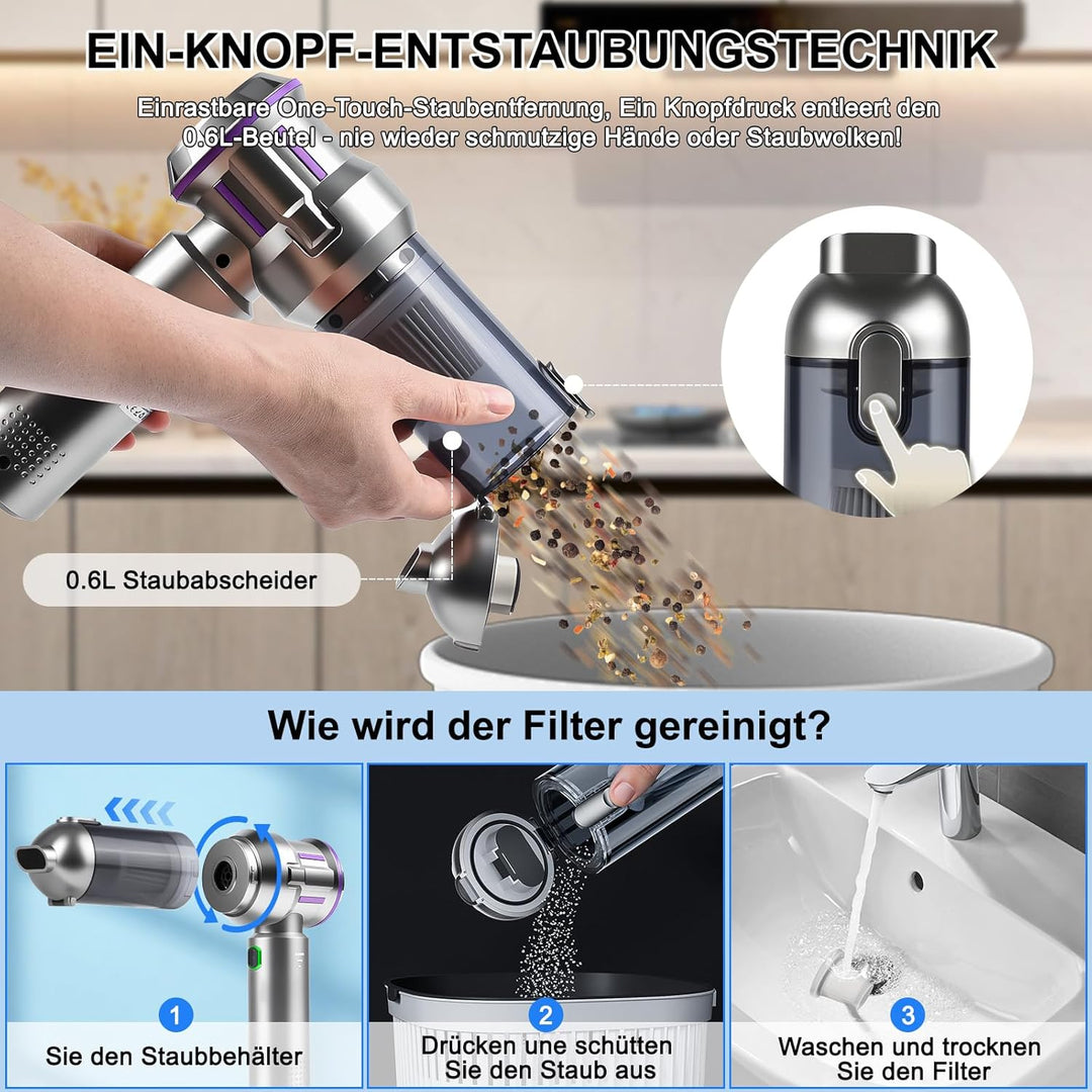 GuKKK 4-in-1 Akku-Handstaubsauger, 16000 Pa Mini-Staubsauger, kabellos, tragbar, mit 2 Filtern, bürs