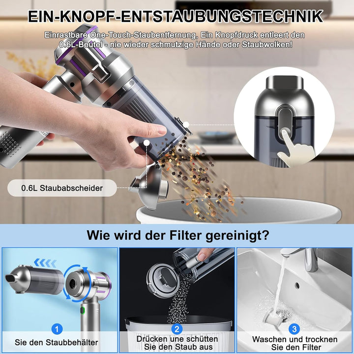 GuKKK 4-in-1 Akku-Handstaubsauger, 16000 Pa Mini-Staubsauger, kabellos, tragbar, mit 2 Filtern, bürs