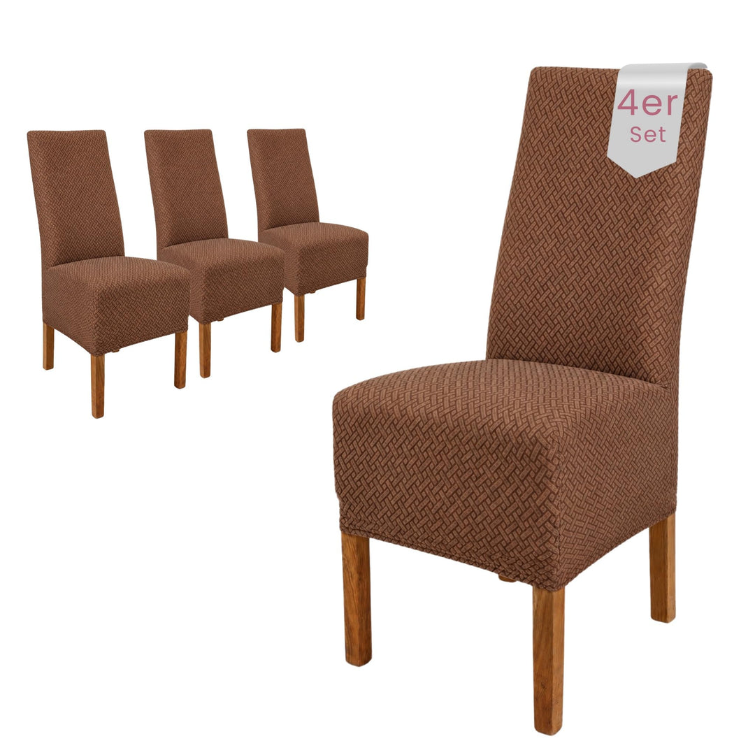 SCHEFFLER-Home Stuhlhussen Stretch Luna-Lang/Stuhlüberzug 4er Set Braun/elastische Flanell Stuhlabde