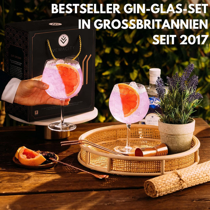 Geriffelte Gin Tonic Gläser Set | 2 Handgefertigte Gin Gläser, Rotgold-Barlöffel, Spirituosen-Messbe