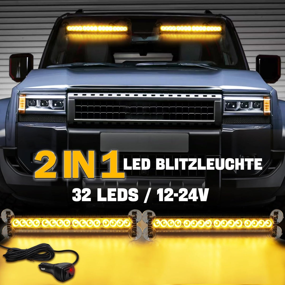 ROUTEKING 12V/24V Warnleuchte 32 LED Frontblitzer - 23 Modi Blitzleuchte 2x42.6cm Starker Rundumleuc