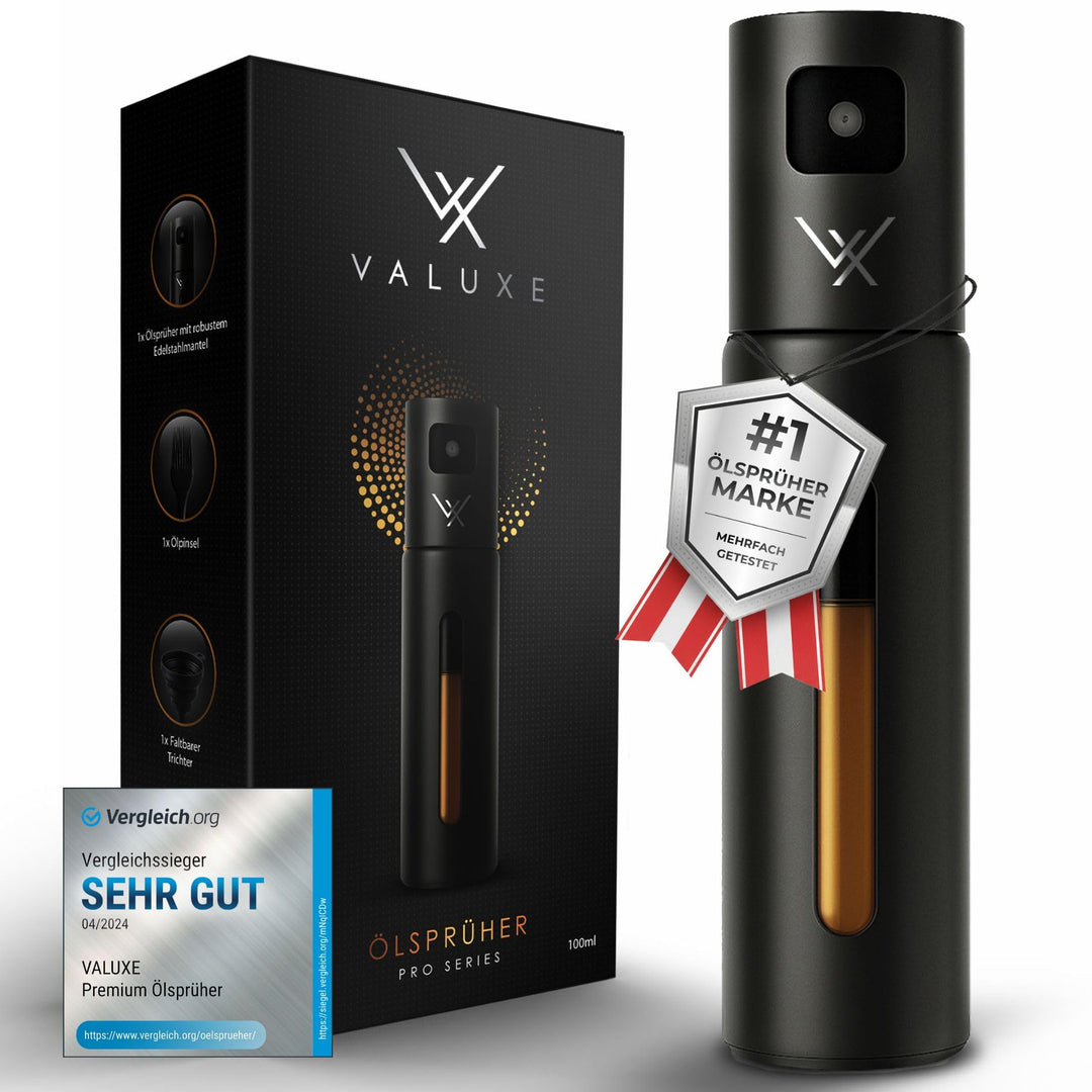 VALUXE® Ölsprüher für Speiseöl & Essig mit UV-Edelstahlmantel & Sprühfilter - Edelstahl Öl-Sprühflas