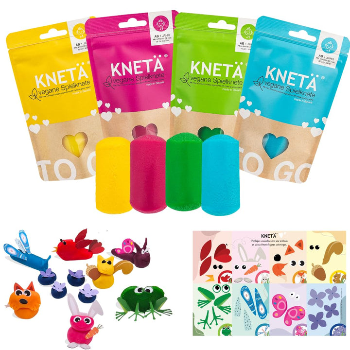 KNETÄ Knete ab 1 Jahr I Party Set I 4X 100g vegane Kinderknete inkl. 1x Bastelkarte Tiermotive I Pla