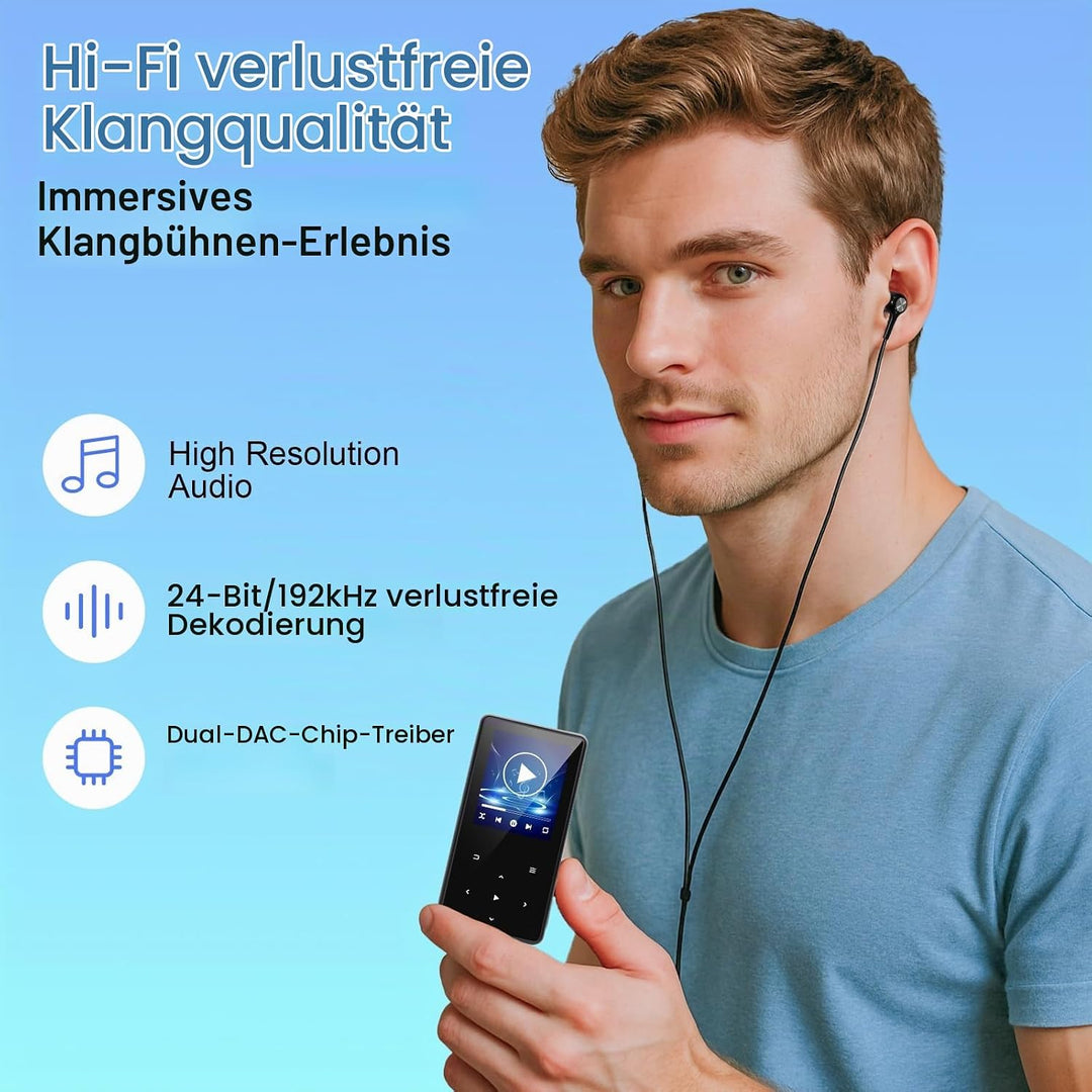 MP3 Player 64GB mit Bluetooth, Mini Digitaler Musik Player mit Lautsprecher, FM Radio, HiFi Audio, M