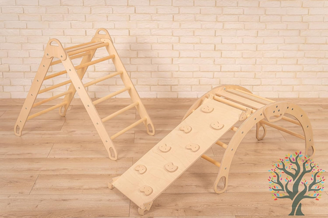 WoodsCraft 4in1 Set: Grosse Kletterbogen mit Kissen & Kletterdreieck mit 2in1: Rutsche Indoor/Klette