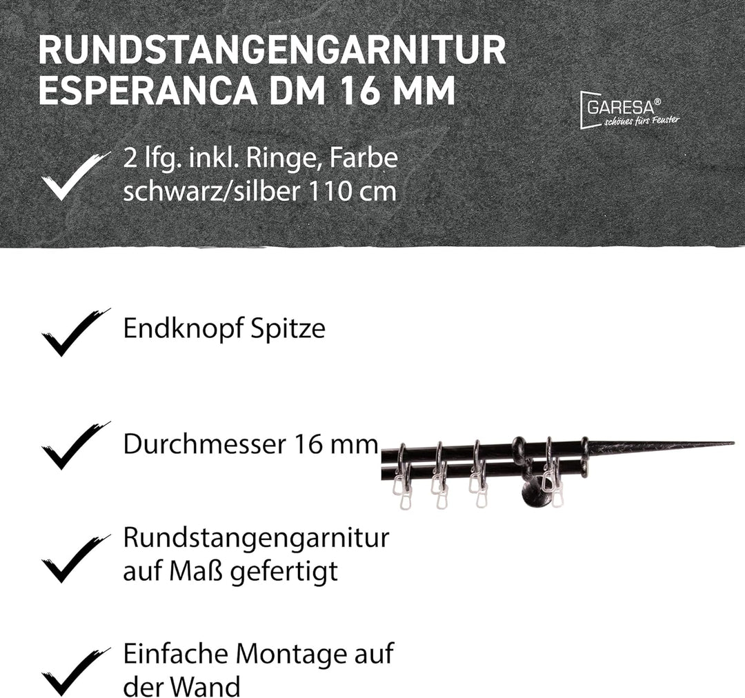 Garesa Gardinenstange Esperanca Ø 16mm, 2-läufig, Schwarz/Silber I Rustikale Vorhangstange inkl. Rin