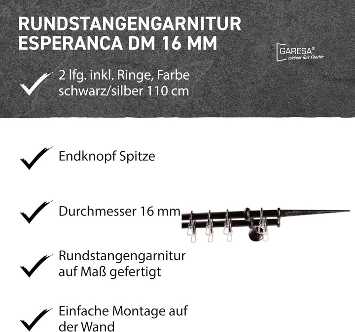 Garesa Gardinenstange Esperanca Ø 16mm, 2-läufig, Schwarz/Silber I Rustikale Vorhangstange inkl. Rin