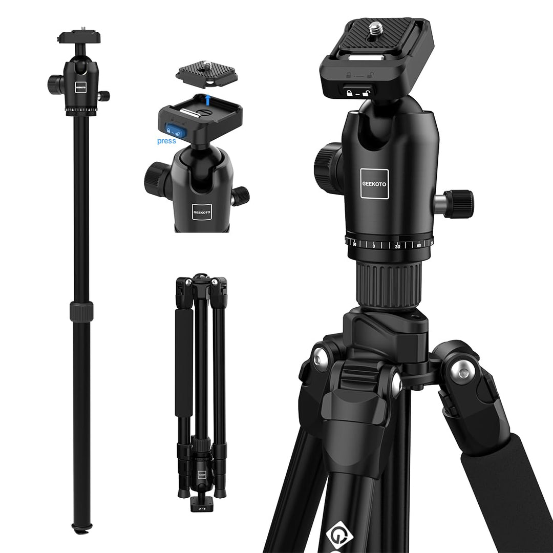 GEEKOTO 77”Kamera Stativ, DSLR Camera Tripod Aluminum Reisestativ mit Einbeinstativ und 360° Panoram