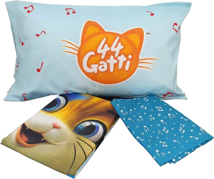 44 Katzen-Set für Einzelbett, 100% Baumwolle, Weiss und Blau
