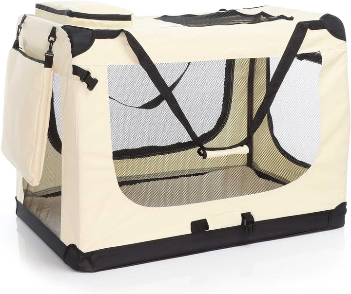Fudajo Faltbare Transportbox in Beige für Haustiere, Grösse XXL (90x63x63cm), Tragegriff, Liegedecke