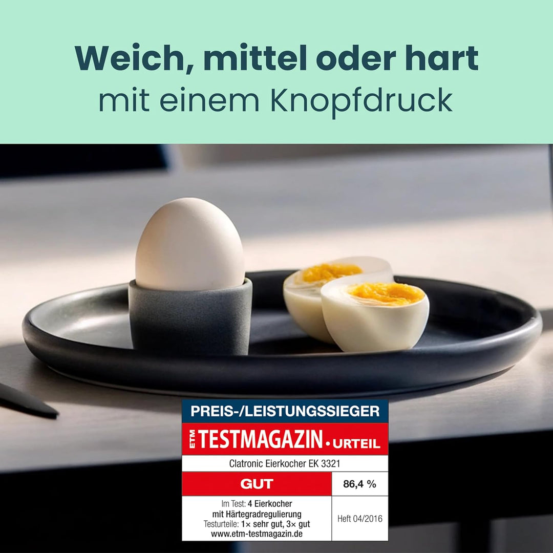 Clatronic® Elektrischer Eierkocher für bis zu 7 Eier | Eierkocher Edelstahl mit Härtegradeinstellung