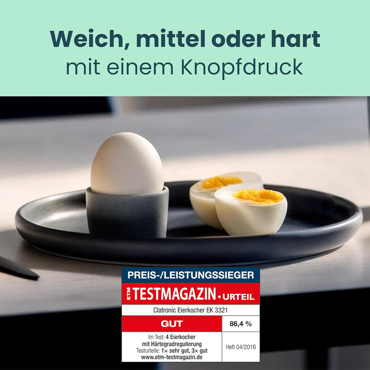 Clatronic® Elektrischer Eierkocher für bis zu 7 Eier | Eierkocher Edelstahl mit Härtegradeinstellung