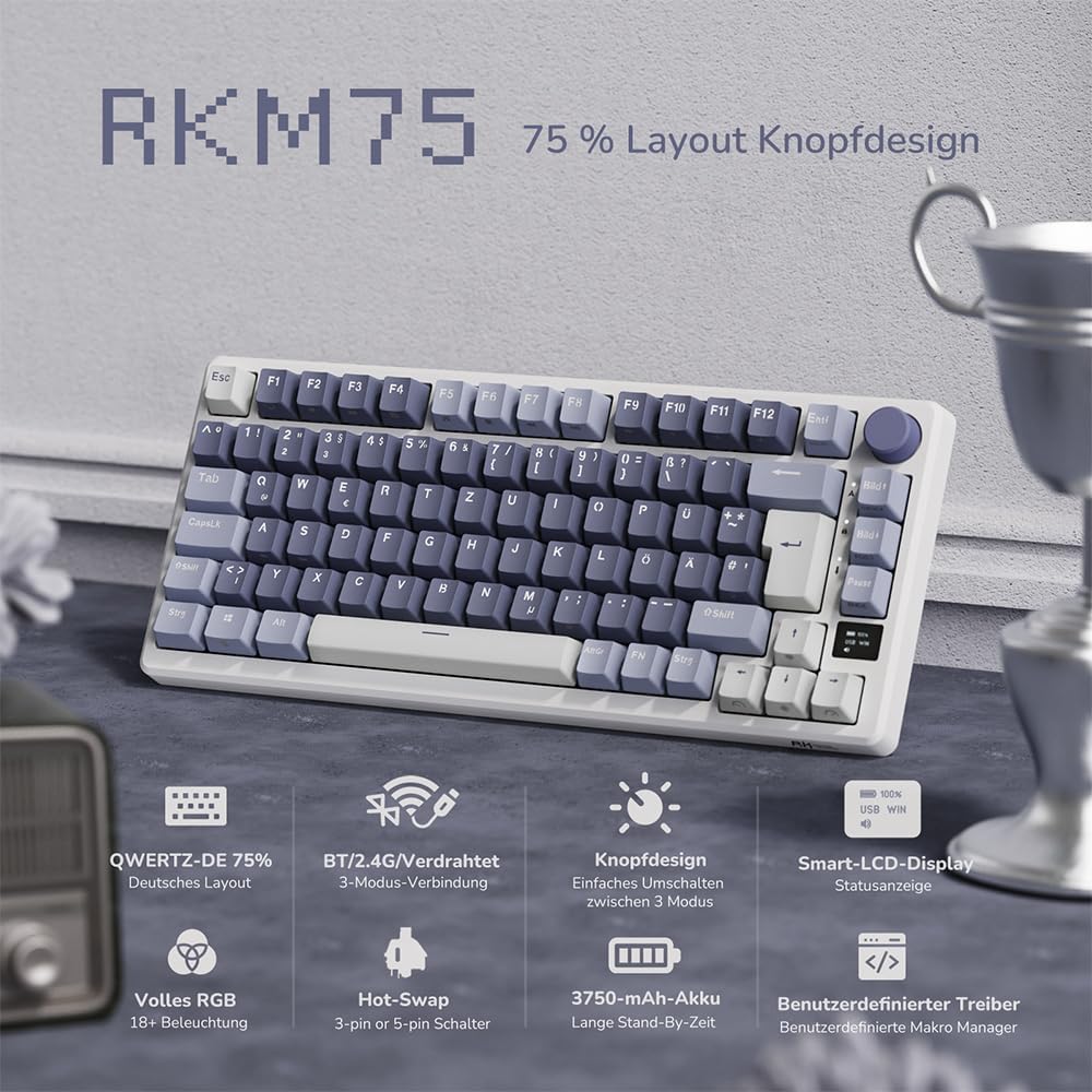 RK ROYAL KLUDGE M75 Gaming Tastatur kabellos 75% TKL Mechanische Tastatur RGB 2,4 GHz Wireless/Bluet